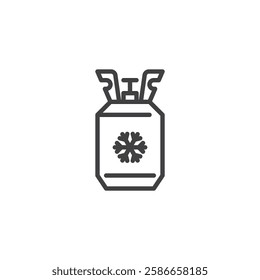 Refrigerant Bottle line icon. linear style sign for mobile concept and web design. Gas cylinder with a cooling snowflake outline vector icon. AC refrigerant supply symbol, logo illustration