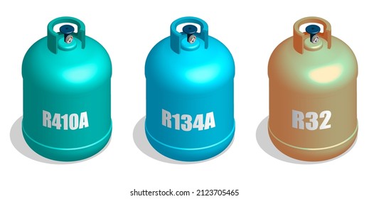 Refrigerant. Isometric Balon, container with coolant. Liquid nitrogen, freon. Filling air conditioners and refrigerators with refrigerant. Realistic 3D Vector isolated on white background