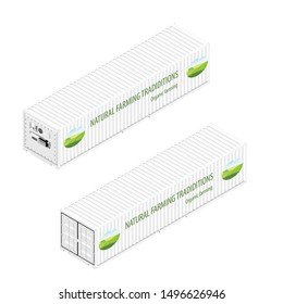 Refrigerated containers with company logotype. Natural farming traditions, Organic farming. Back and front isometric view isolated on white background.