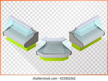 Refrigerated counter vector 3d illustration. Shop equipment isometric perspective view.