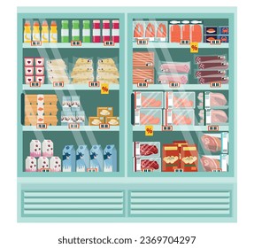 Mostrador refrigerado con productos lácteos, carne, productos de pescado, aves de corral.  Estanterías con bienes, descuentos. Ilustración vectorial.