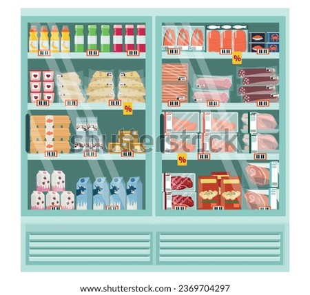 Refrigerated display case with dairy, meat, fish products, poultry.  Shelves with goods, discounts. Vector illustration.