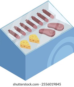 Refrigerated display case showing various types of sausages, cheese and steaks, offering a selection of fresh products for customers in a supermarket environment