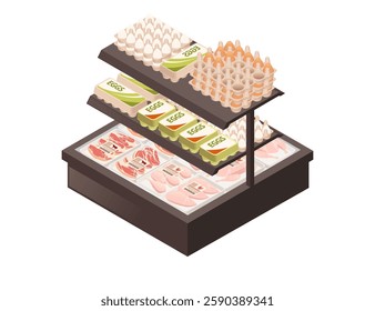 Refrigerated island display case with meat and eggs. Dual-level food showcase. Supermarket meat counter. Cooling unit with fresh products. Commercial display equipment. Isometric vector illustration.