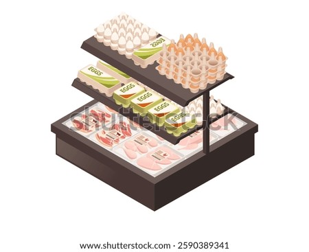 Refrigerated island display case with meat and eggs. Dual-level food showcase. Supermarket meat counter. Cooling unit with fresh products. Commercial display equipment. Isometric vector illustration.