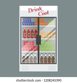 Refrigerated supermarket display case full with multiple drinks and beverages. Illustrated vector for your Mockup design.
