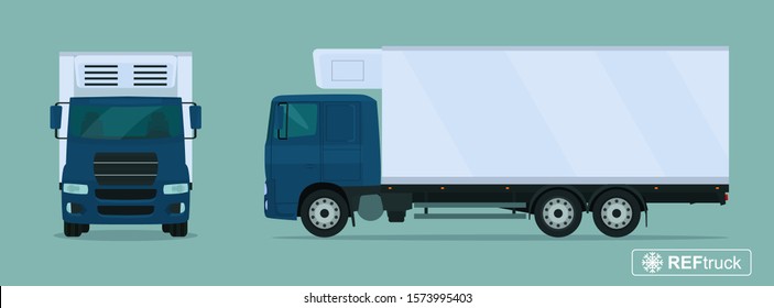 Refrigerated truck. Side and front view. Vector flat style illustration.