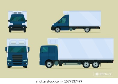 Refrigerated trucks set. Side and front view. Vector flat style illustration.