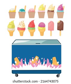 Refrigeration equipment for ice cream for supermarkets, cafes. An assortment of various ice cream. Vector illustration. 