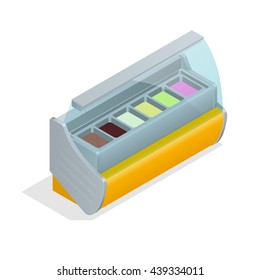 Refrigeration for ice cream. Equipment for supermarkets, shops, cafes and restaurants. Commercial refrigerator. Flat 3d vector isometric illustration.