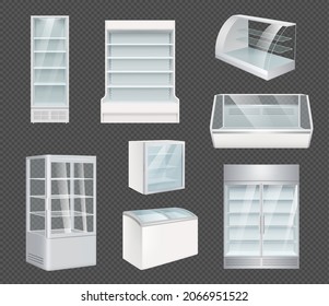 Refrigeration realistic. Retail open white refrigerators with ice for markets freeze interior decent vector templates set