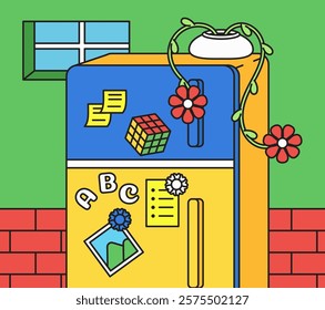 Refrigerator adorned with plants and items in vibrant illustration cartoon hand drawn vector for kitchen and home decor themes