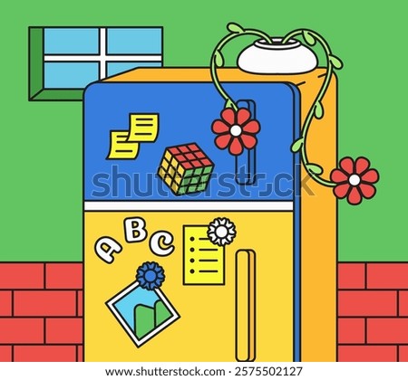 Refrigerator adorned with plants and items in vibrant illustration cartoon hand drawn vector for kitchen and home decor themes