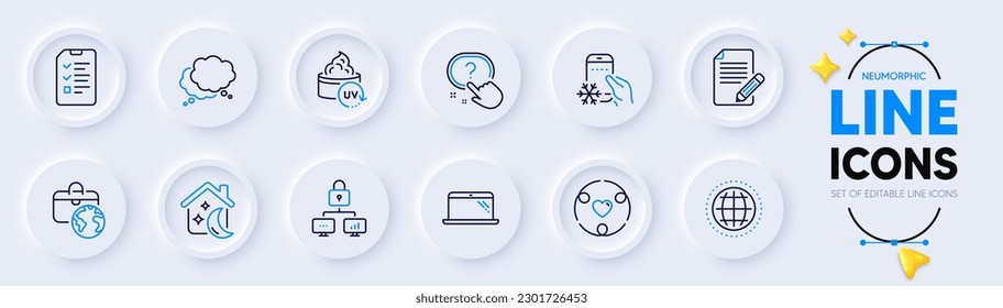 Refrigerator app, Lock and Globe line icons for web app. Pack of Sleep, Laptop, Global business pictogram icons. Question button, Speech bubble, Interview signs. Uv protection, Article. Vector