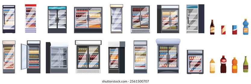 Refrigerator beverages icons set. Fridge drinks showing cooling and bottles presenting refrigerator and beverages