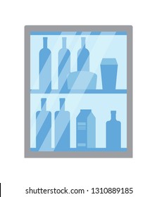 Refrigerator with bottles and packages vector. Isolated icon of fridge with arranged products placed on row. Beverage milk and juice packs, drinks