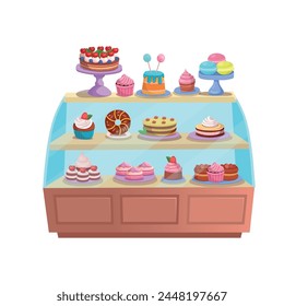 Refrigerator with cakes. Confectionery. Pastry shop interior inside. Cafe or Candy store. Cakes and pastries are on the shelves. Set of holiday cakes and pastries. Happy birthday.Сartoon 