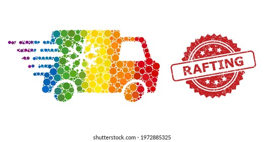 Refrigerator car collage icon of spheric items in various sizes and spectrum color hues, and Rafting grunge rosette stamp seal. A dotted LGBT-colored Refrigerator car for lesbians, gays,
