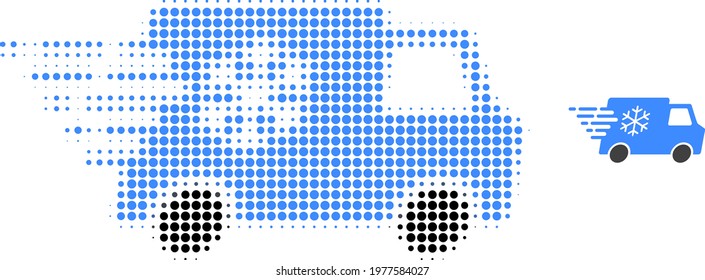 Refrigerator car halftone dot icon illustration. Halftone pattern contains round points. Vector illustration of refrigerator car icon on a white background.