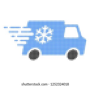 Refrigerator car halftone dotted icon with fast speed effect. Vector illustration of refrigerator car designed for modern abstract with symbols of speed, rush, progress, energy.