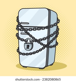 refrigerator with chains on lock pop art retro hand drawn vector illustration. Comic book style imitation.