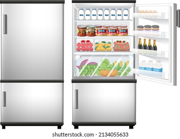 Refrigerator closed and opened door with lots of food illustration