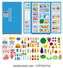 Refrigerator with closed and opened door. Set different foods. Vector flat illustrations.