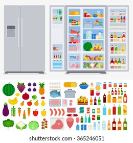 Ilustración plana vectorial de colección de refrigerador. Cocina y cocina. Frigoríficos en la habitación, variedad de frutas y verduras, carne, bebidas aisladas de fondo blanco 