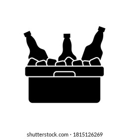 Refrigerator cooler box with bottles, ice cubes. Silhouette icon of plastic container for beach party, picnic, barbecue. Black pictogram of thermobox for drinks. Flat isolated vector, white background
