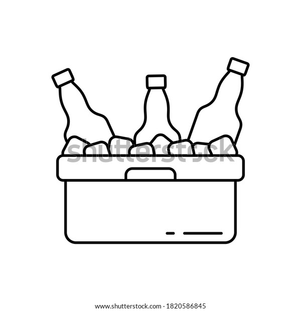 Refrigerator cooler box with bottles, ice\
cubes. Linear icon of plastic container for beach party, picnic,\
barbecue. Black pictogram of thermobox for drinks. Contour isolated\
vector, white\
background
