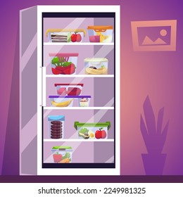 Frigorífico con puerta de visualización y recipientes de comida dentro, ilustración plana vectorial. Concepto de almacenamiento de alimentos. Frutas, verduras, carne y postres en cajas de plástico o de vidrio en el frigorífico.