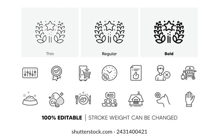 Refrigerador, controlador de Dj e iconos de línea de subasta en línea. Pack de premio aprobado, Clínica veterinaria, icono de la parrilla de gas. Alimentación de perros, mano, pictograma mineral de calcio. Balcón, préstamo por ciento. Vector