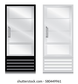 Refrigerator With Door Handle Open On The Right. Glass Door Fridge Black And White On White Background.