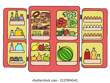 The Refrigerator With The Door Open Is Filled With Food, Drinks, Meat, Cheese, Eggs, Fruits And Vegetables. Doodle. Freehand Drawing. Hand Drawing.