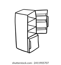 Refrigerator drawing in linear style. Black color hand drawn vector clipart. Isolated on white background.