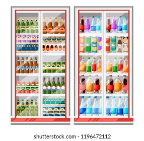 Refrigerator for drinks. Fridge full of bottles of water. Different colored bottles in drinks fridges. Flat vector illustration isolated on white background.