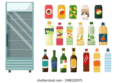 The refrigerator is empty for the sales floor on wheels and filling for it.  A set of drinks in cans and bottles with beer, juice, soda, lemonade.  Vector illustration on a white background.