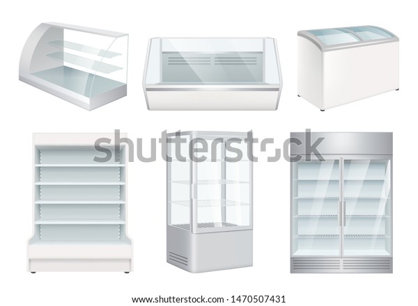 Refrigerator empty. Supermarket retail\
equipment vector realistic refrigerators for store. Refrigerator\
for retail or supermarket, showcase for cafe\
illustration