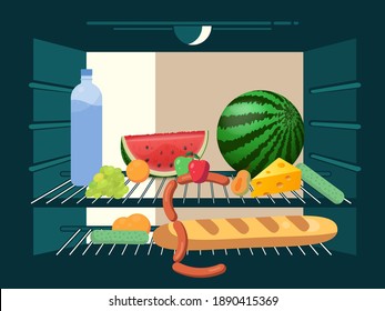 Refrigerator filled with food, view from inside. Vector illustration.