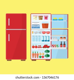 Refrigerator flat icon design vintage vector. full of Dairy life Food . Home appliance. 