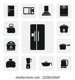 Refrigerator flat web icon. Simple fridge sign silhouette. Modern side by side refrigerator solid black icon vector design. Refrigerator cartoon clipart. Kitchen appliances concept icon set