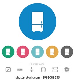 Refrigerator flat white icons on round color backgrounds. 6 bonus icons included.