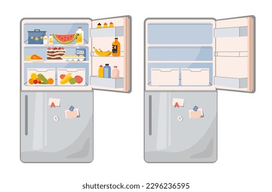 Refrigerator with food inside and an empty refrigerator. Household appliances in the kitchen. Vector flat cartoon illustration