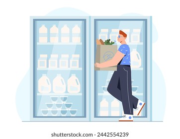 Refrigerator with food. Man with package of groceries in cold room with low temperature. Customer with baguette and green salad in hands. Cartoon flat vector illustration isolated on white background