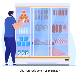 Refrigerator with food, meat, dairy products in the supermarket, a person chooses a product near the refrigerator. Vector illustration