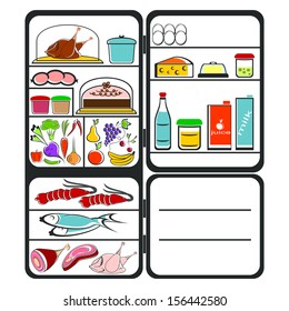 The refrigerator with food on a white background. Colorful composition.