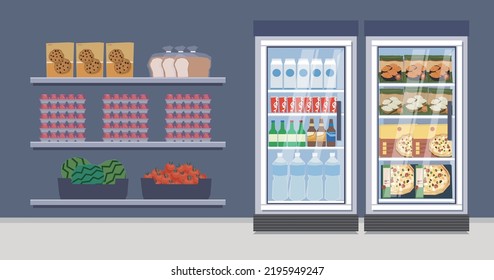 
refrigerator and foods in supermarket 