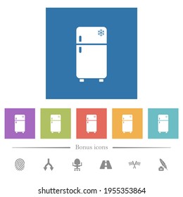 Frigorífico con iconos blancos planos congeladores en fondo cuadrado. 6 iconos de bonificación incluidos.