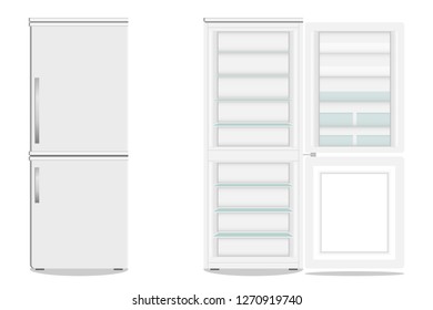 Refrigerator with freezer. Open and closed fridge. Icon refrigerator. Vector illustration.