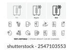 Refrigerator, freezer storage, smart fridge machine. Fridge line icons set. Cooler box, water with ice, thermometer icons. Wi-fi remote access, thermostat timer, smart freezer. Line icons set. Vector